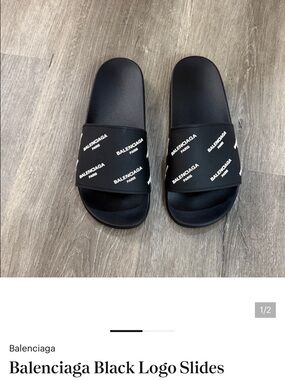 Balenciaga Black Slides with White Logo Print